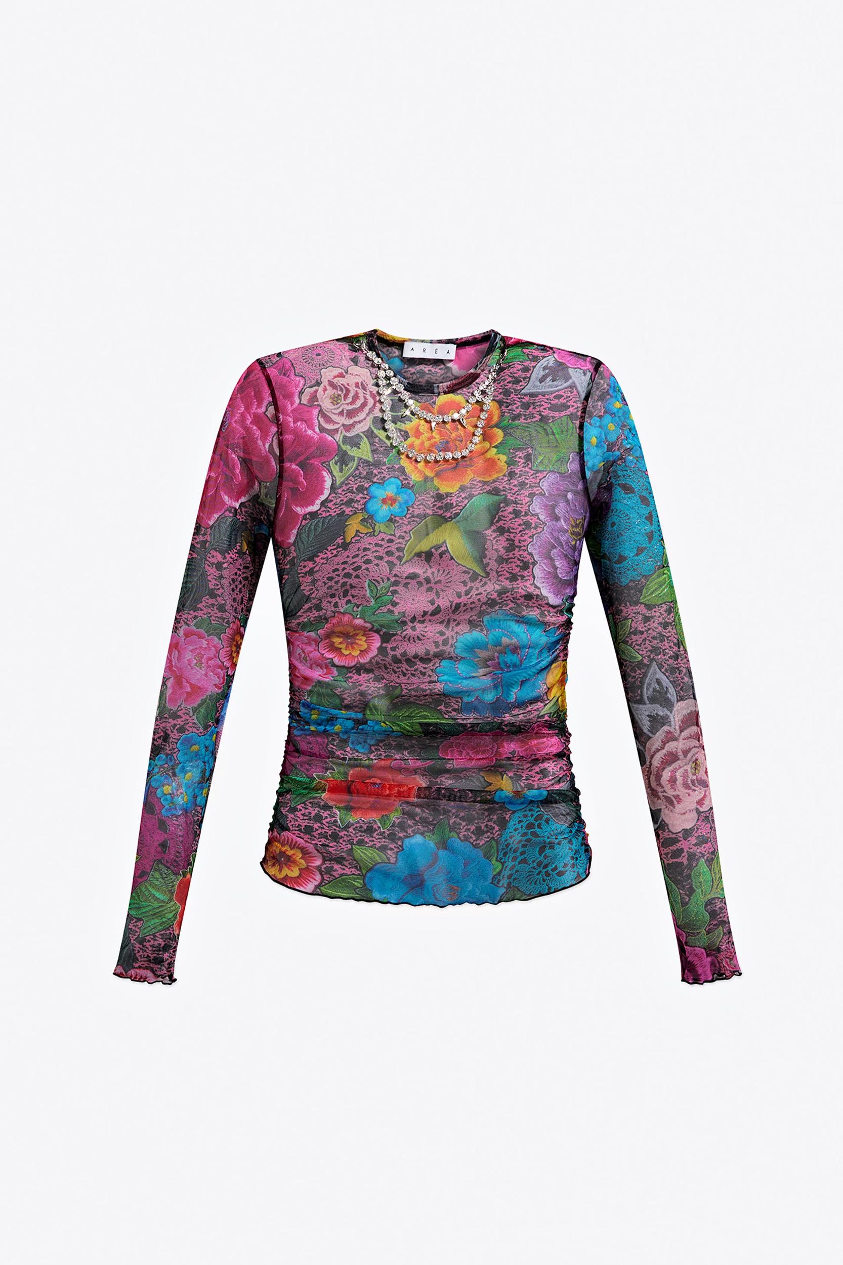 Crystal Embellished Printed Tulle Long Sleeve Top Product Image