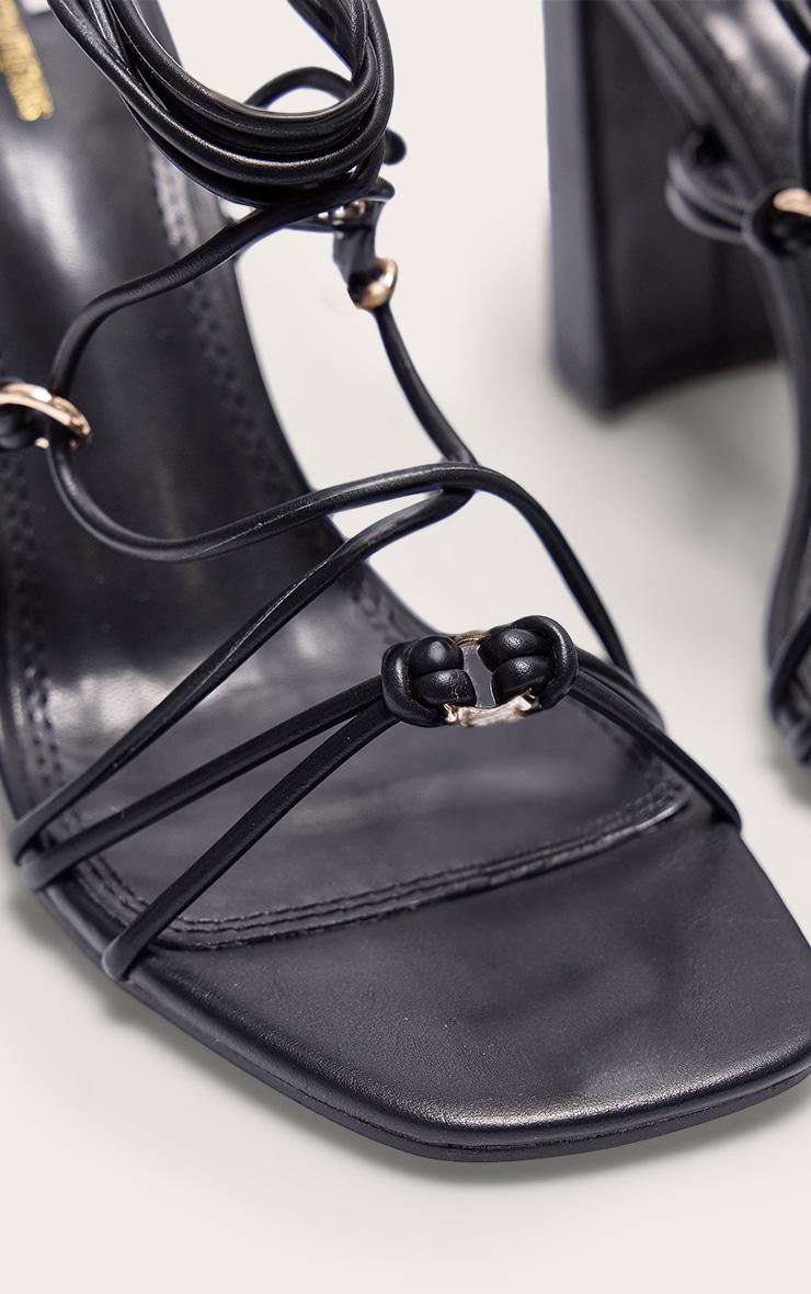 Black Wide Fit PU Square Toe Lace Up Block Heeled Sandals Product Image