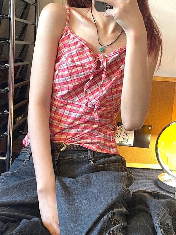 Vintage Plaid Tie Up Cami Top Product Image
