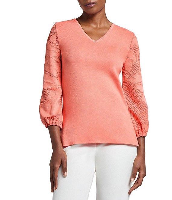 Ming Wang Tonal Texture Knit V-Neck Bracelet Sleeve Top Product Image