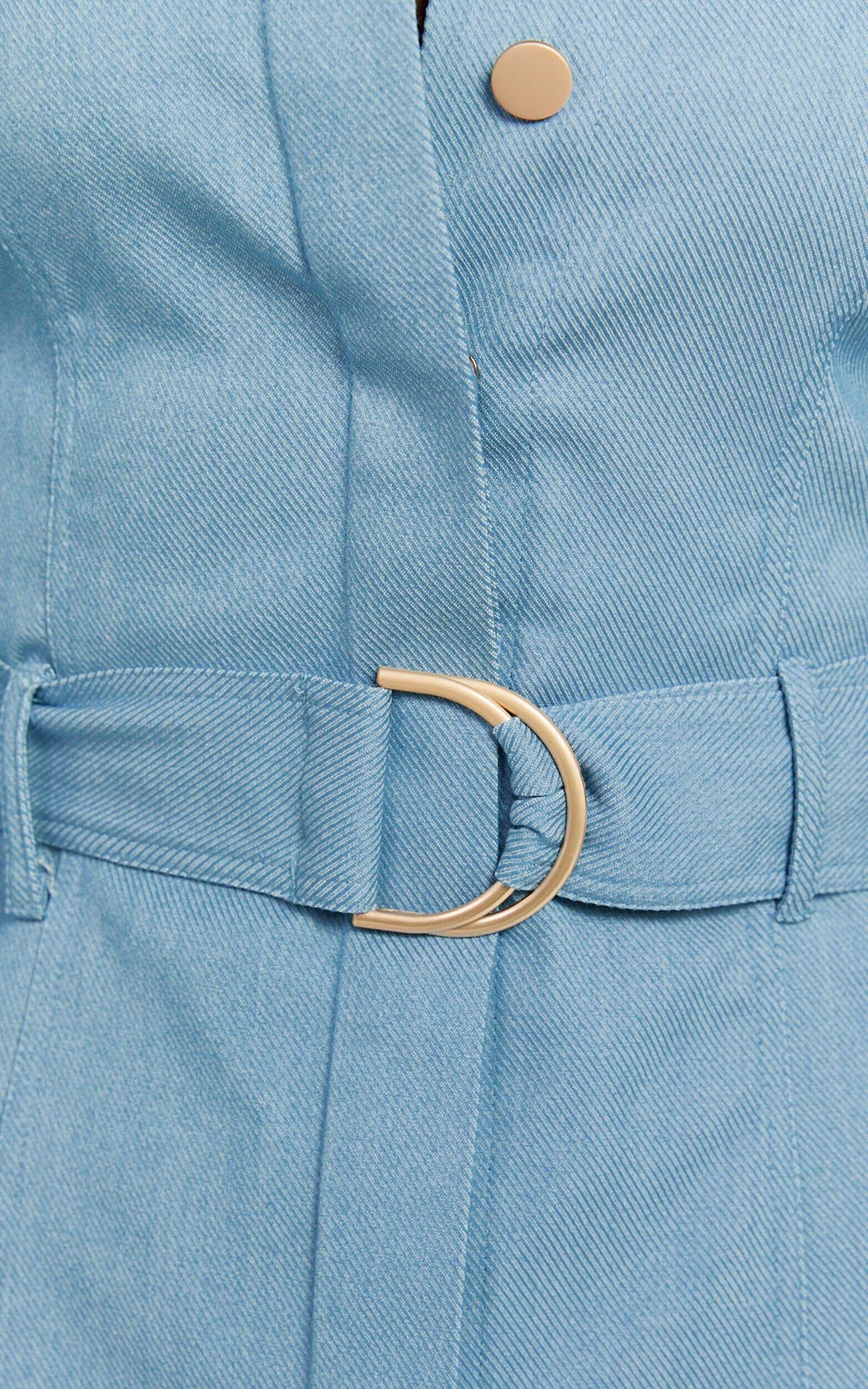 Aubrie Mini Dress - Blouson Sleeve Button Through Belted Dress with Hardware Detail in Light Blue Product Image