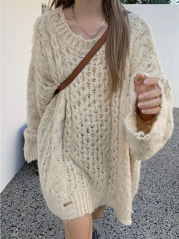 Cozy Cutout V Neck Baggy Sweater Product Image