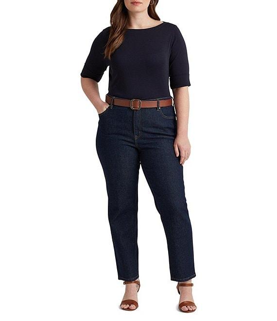 Lauren Ralph Lauren Plus Size Stretch Cotton Boat Neck Short Folded Elbow Sleeve Top Product Image