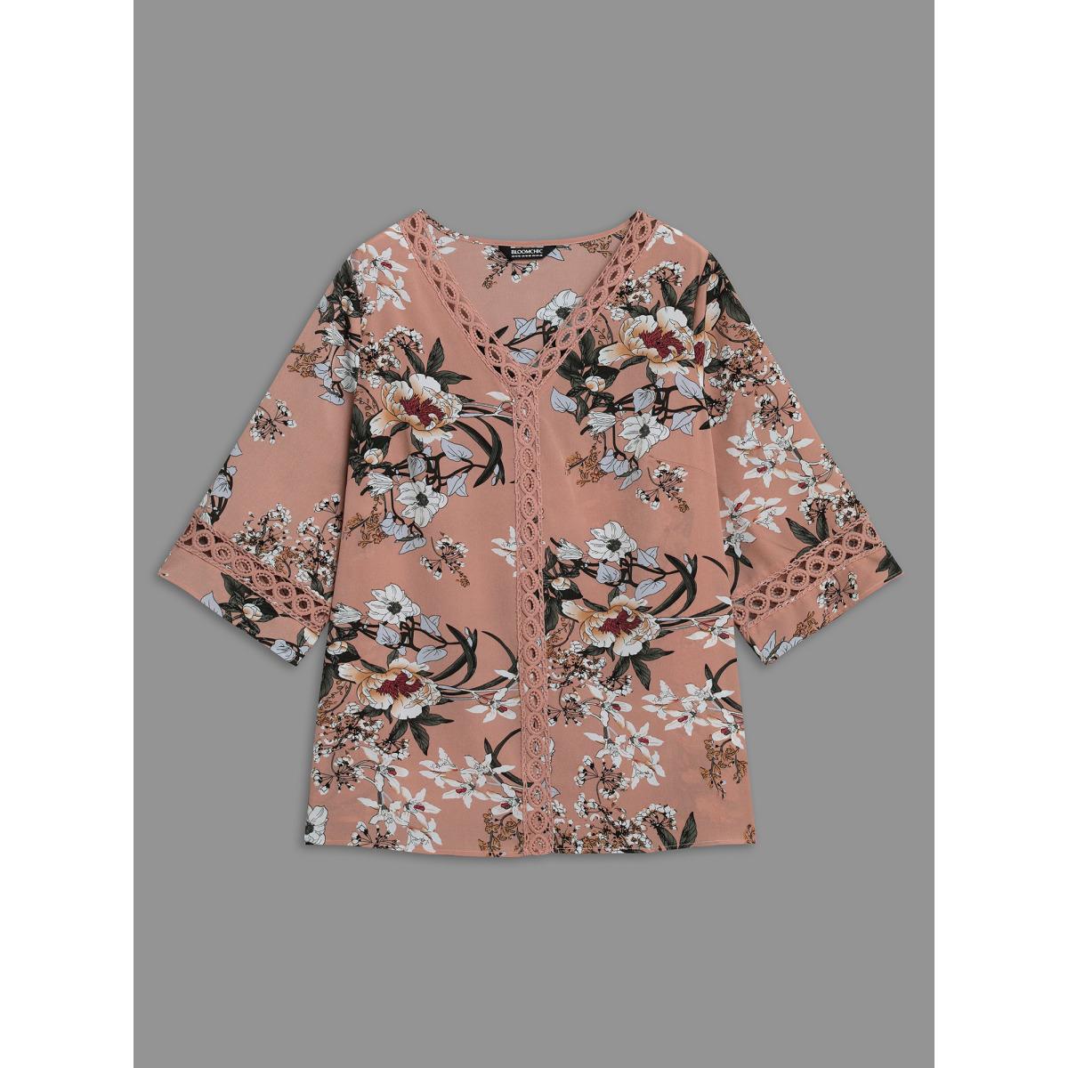 Plus Size Dirtypink Blooming Flower Print Webbing Spliced Blouse Women Elegant Elbow-length sleeve V-neck Everyday Blouses BloomChic 10/M Product Image