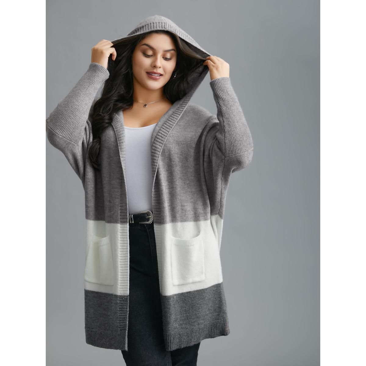 Plus Size Color Block Dolman Sleeves Hooded Knit Cardigan Mediumgray Women Casual Loose Long Sleeve Everyday Cardigans BloomChic 30/6X Product Image