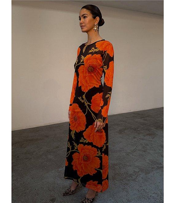 Never Fully Dressed Aria Poppy Floral Print Mesh Crew Neck Long Sleeve Maxi Dress Product Image
