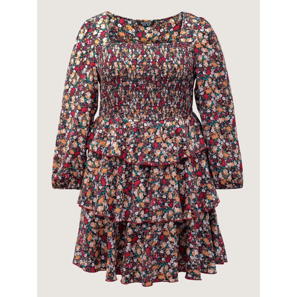 Plus Size Floral Shirred Layered Skirt Mini Dress Black Women Timeless Shirred Square Neck Long Sleeve Curvy BloomChic 22-24/3X Product Image