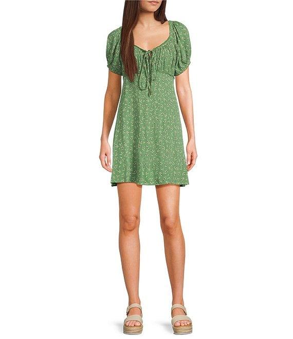 Angie Ditsy Floral Print Scoop Neck Short Sleeve Tie Front Empire Waist Dress Product Image