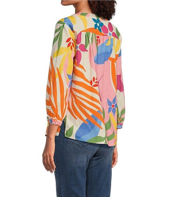 Tru Luxe Jeans Floral Textured Cotton Split V-Neck 3/4 Sleeve Blouse Product Image