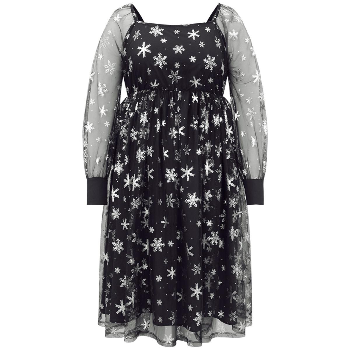 Plus Size Christmas Snowflake Glitter Mesh Square Neck Dress Black Women Party Gathered Square Neck Long Sleeve Curvy Midi Dress BloomChic 12/L Product Image