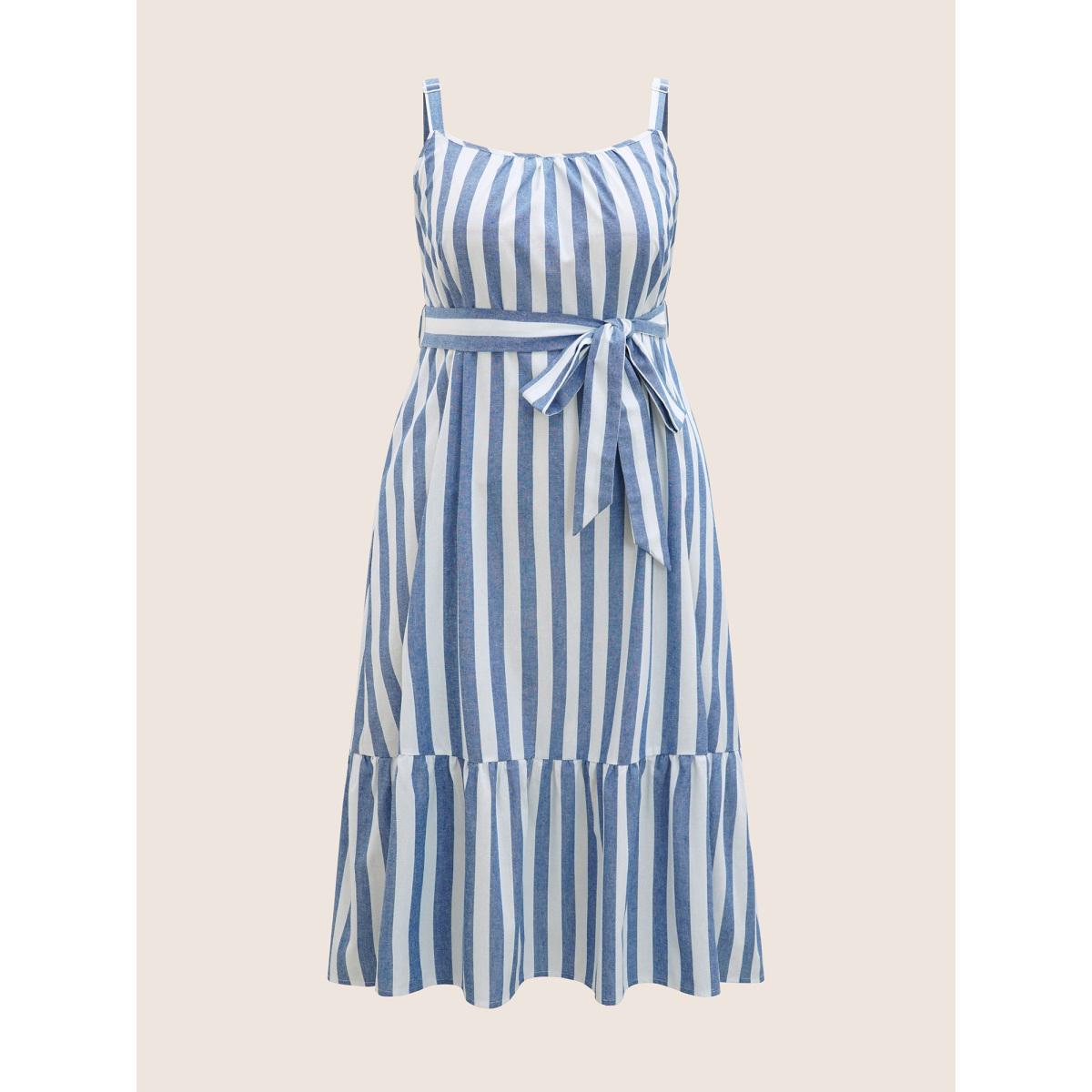 Plus Size Striped Linen Blend Ruffle Layered Hem Dress LightBlue Women Casual Belted Square Neck Sleeveless Curvy BloomChic 28/5X Product Image