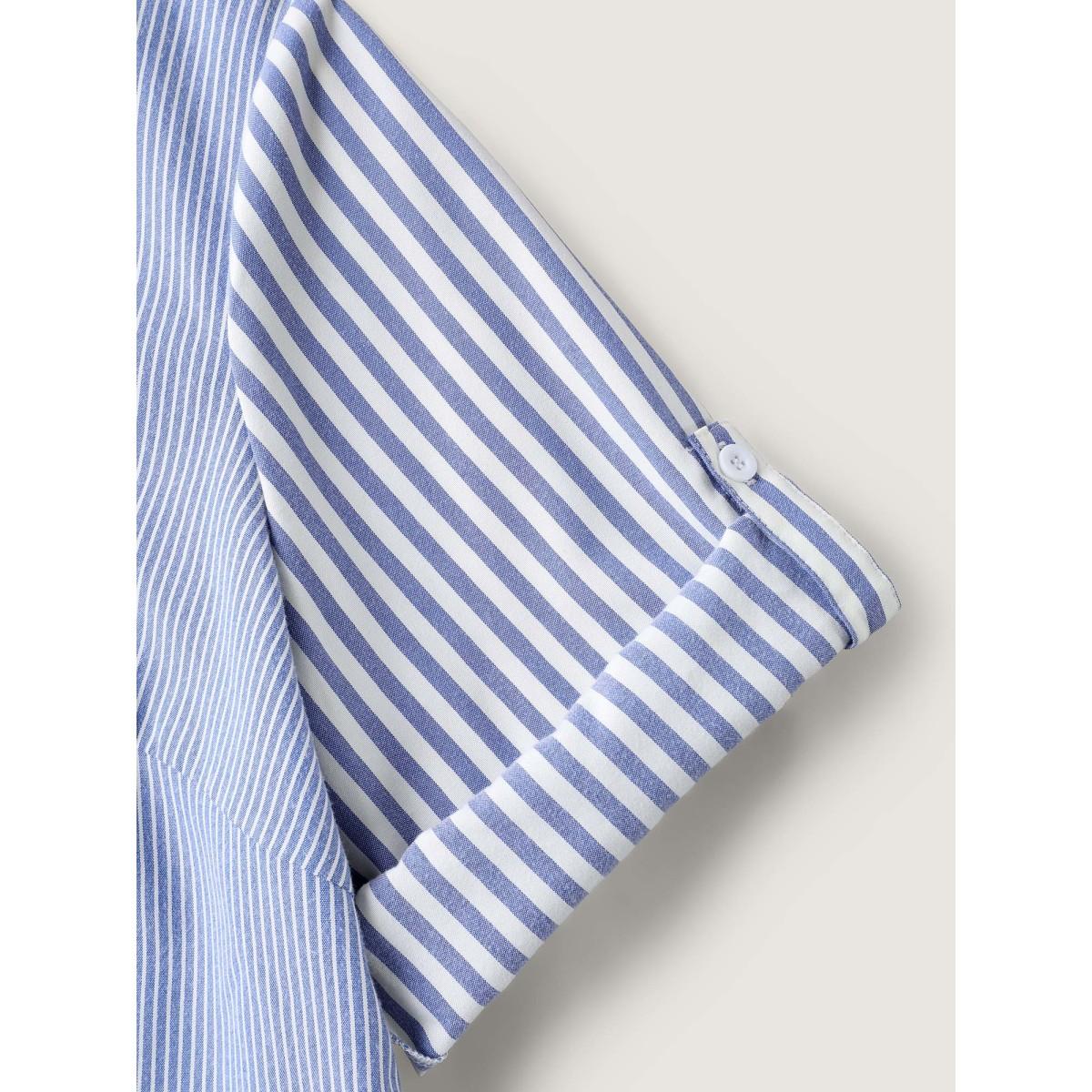 Plus Size DarkBlue Modern Stripes Notched Collar Blouse Women Elbow-length sleeve Flat collar with V-notch Work Blouses BloomChic 14-16/1X Product Image