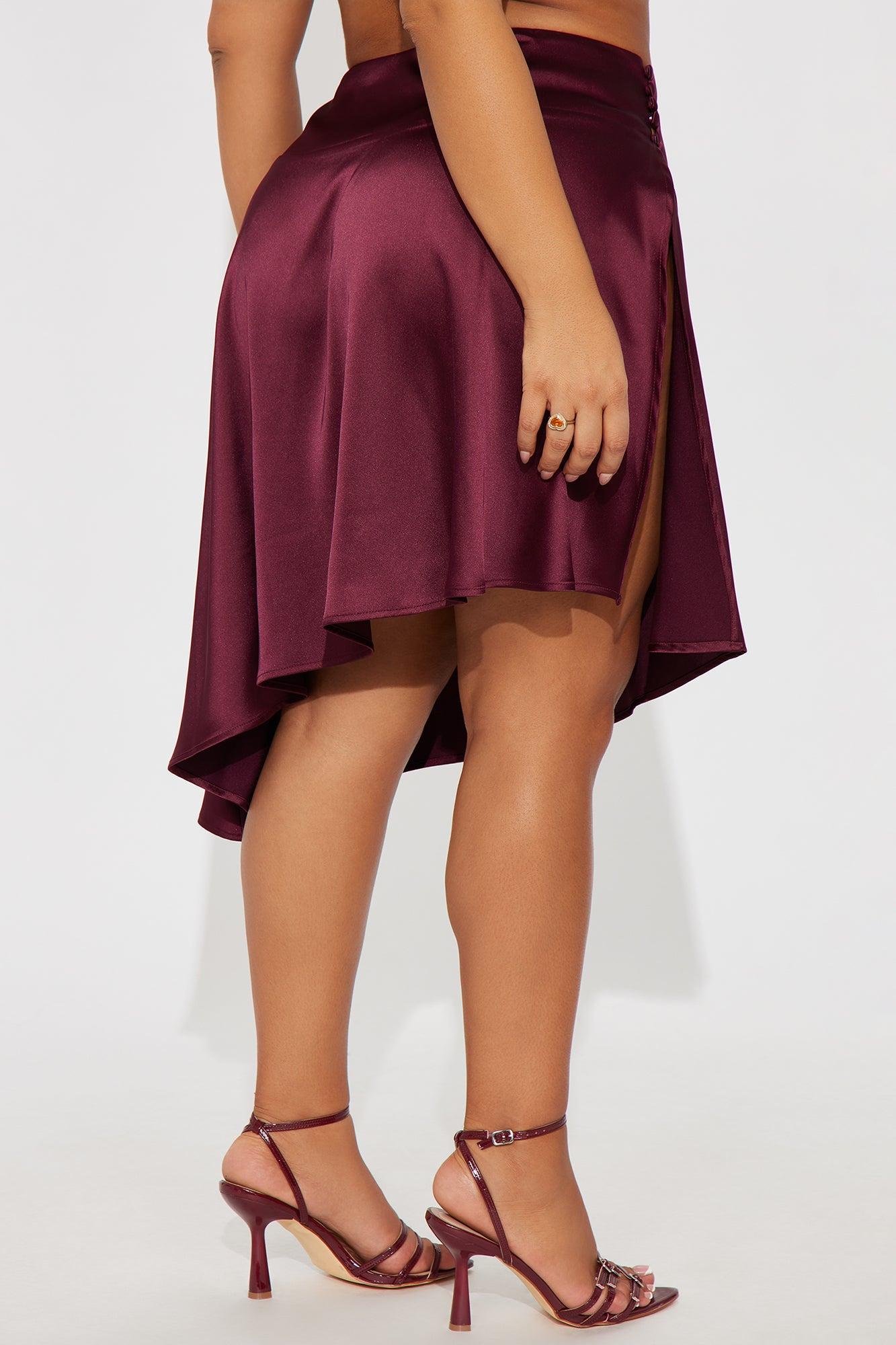 Camille Asymmetrical Satin Midi Skirt - Burgundy Female Product Image