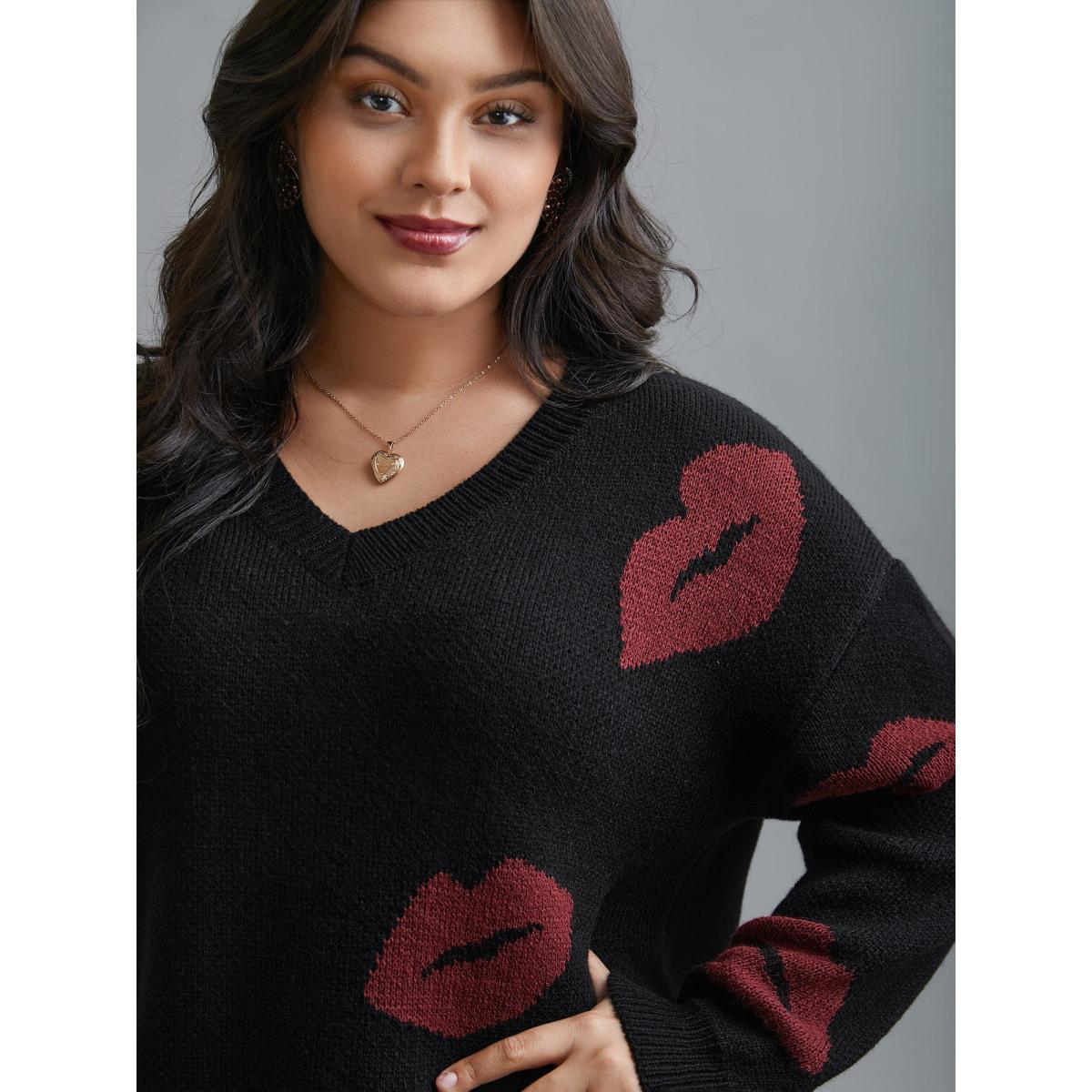 Plus Size Lip Print Contrast Knit Pullover Black Women Casual Loose Long Sleeve V-neck Everyday Pullovers BloomChic 14-16/1X Product Image