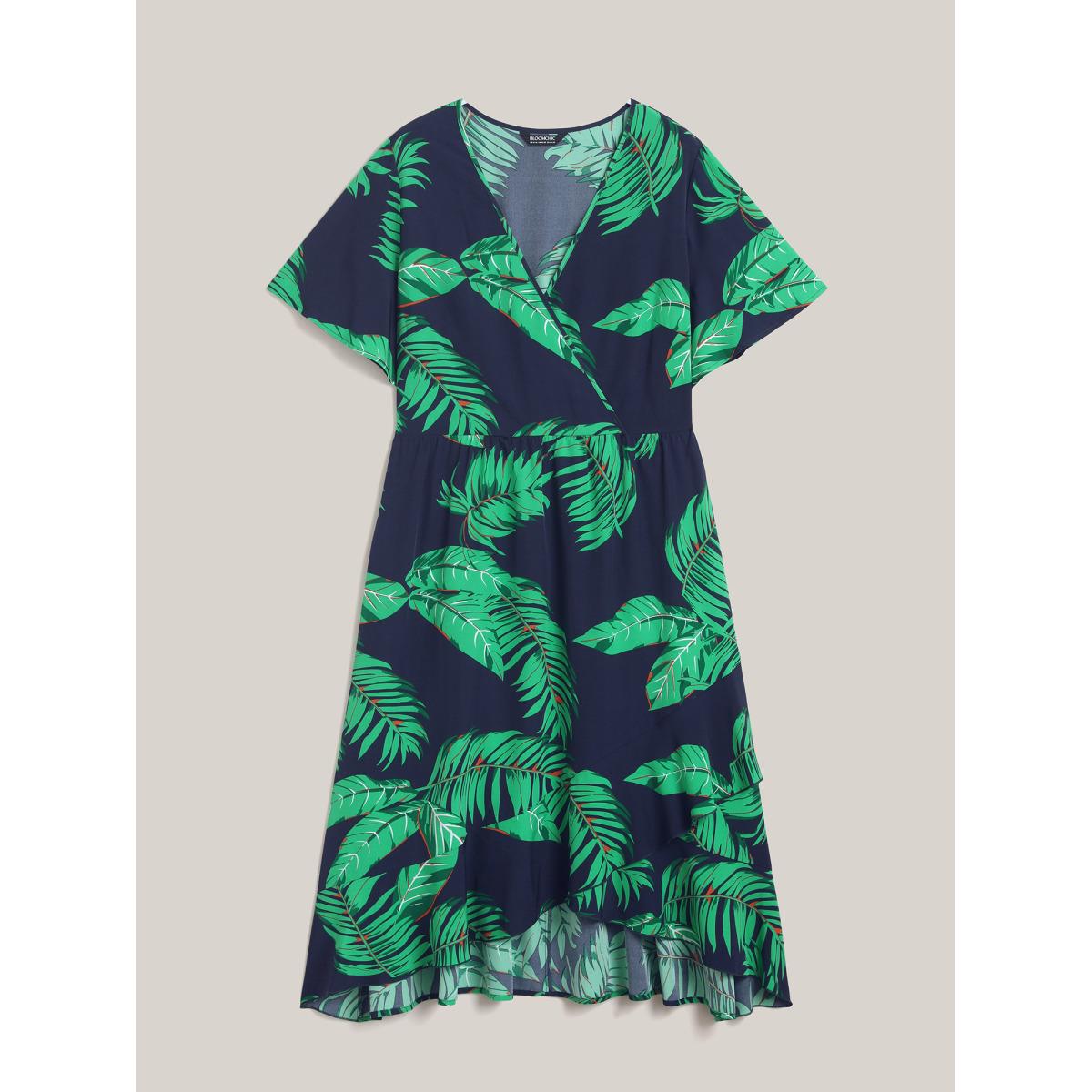 Plus Size Tropical Leaf Print Surplice Neck Midi Dress DarkBlue Women Resort Overlapping Overlap Collar Short sleeve Curvy BloomChic 22-24/3X Product Image