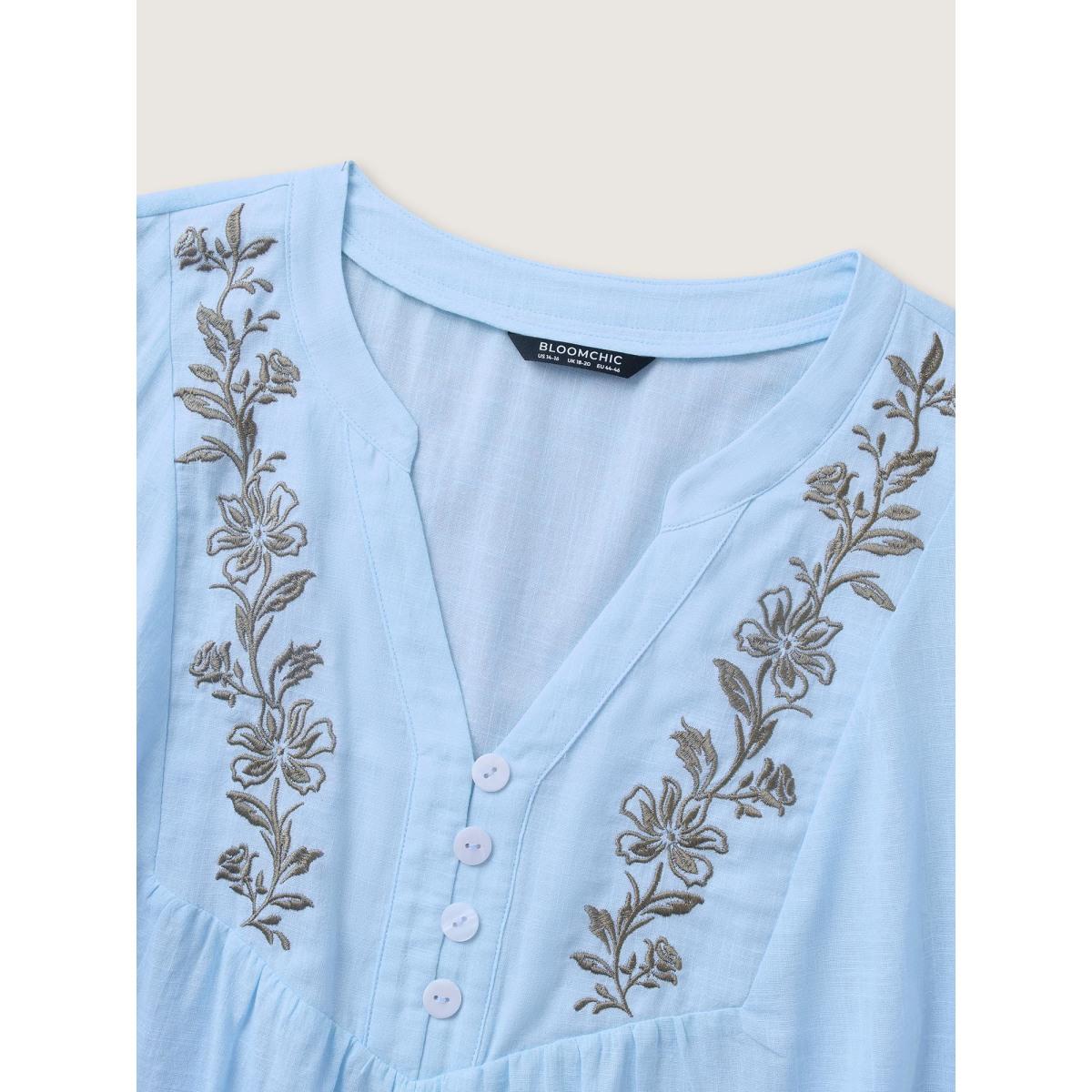 Plus Size LightBlue Cotton Floral Embroidered Notched Collar Frill Trim Blouse Women Leisure Elbow-length sleeve Stand-up collar Casual Blouses BloomChic 14-16/1X Product Image