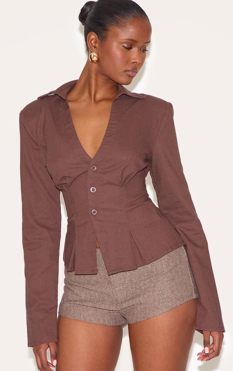Brown Linen Blend Plunge Shoulder Padded Fitted Shirt Product Image