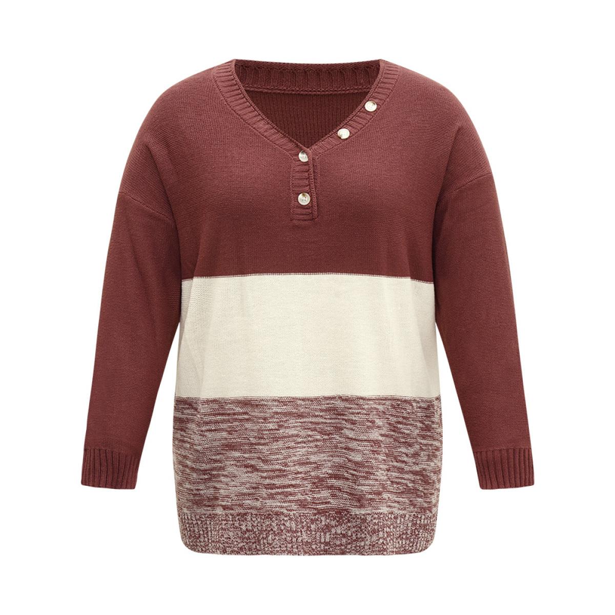 Plus Size Contrast Heather V Neck Button Detail Pullover Russet Women Casual Long Sleeve V-neck Dailywear Pullovers BloomChic 22-24/3X Product Image