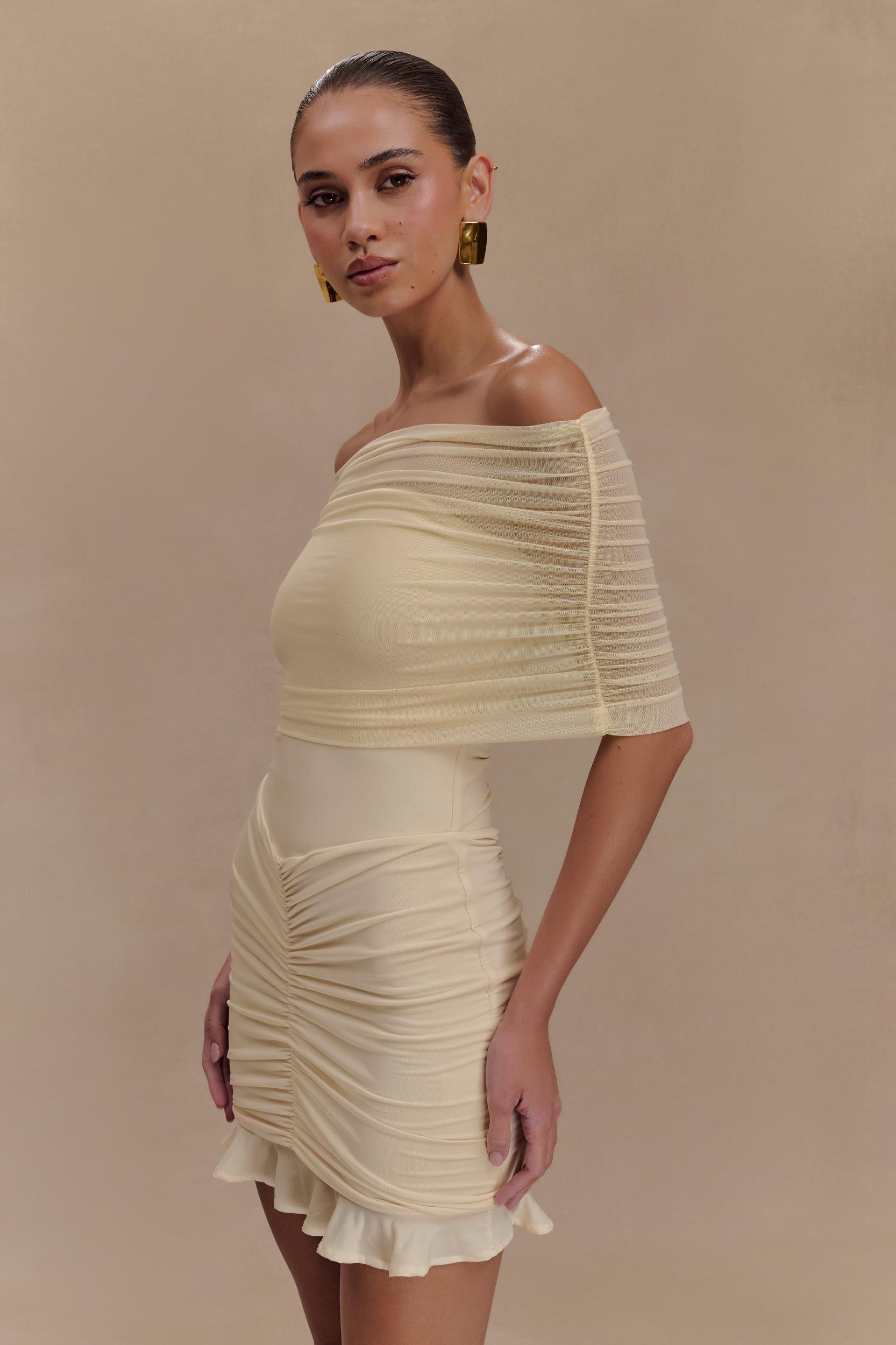 Caspian Slinky And Mesh Off Shoulder Mini Dress - Ivory Product Image
