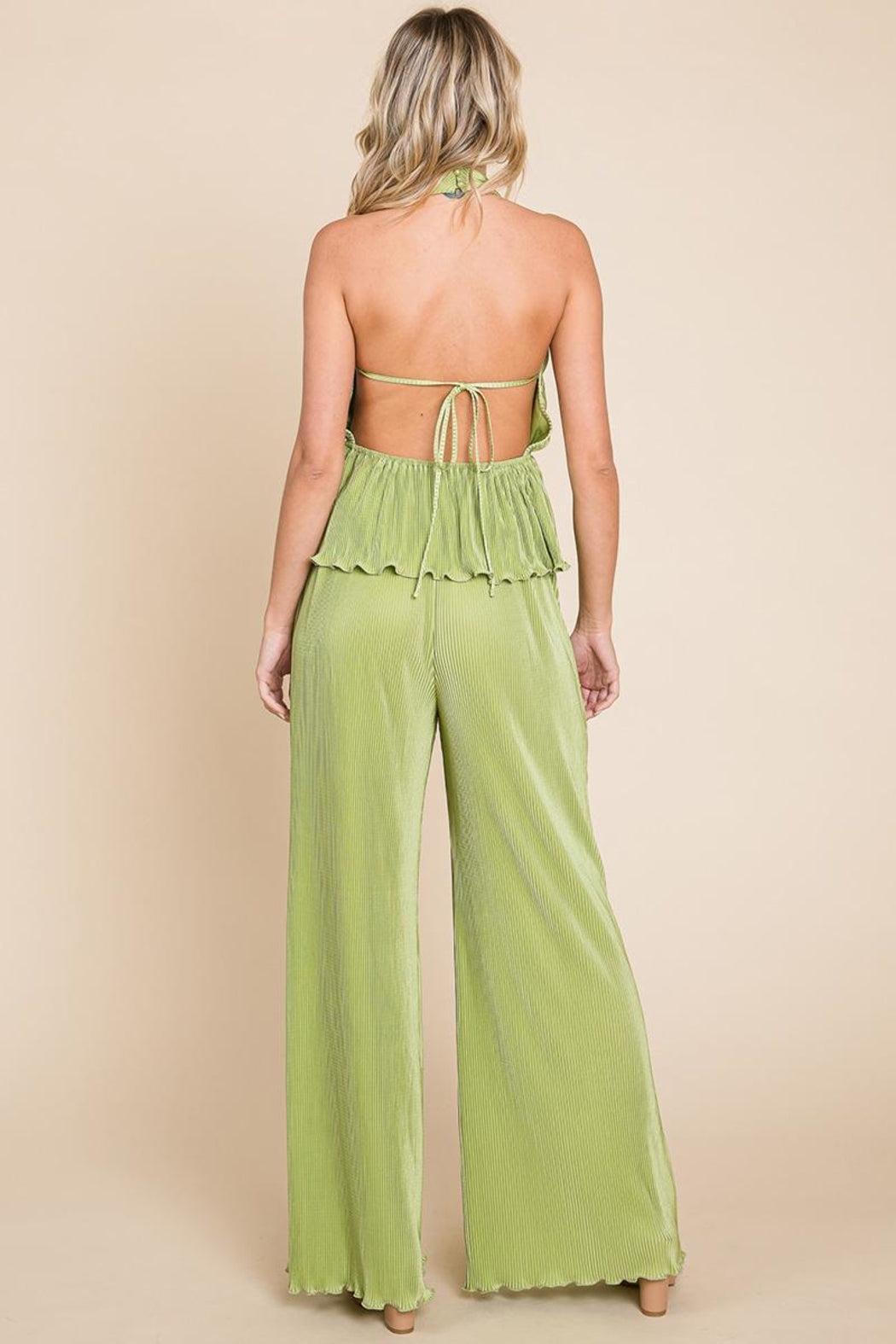 Pleated Backless Halter Tank & Wide Leg Pants Sets Product Image