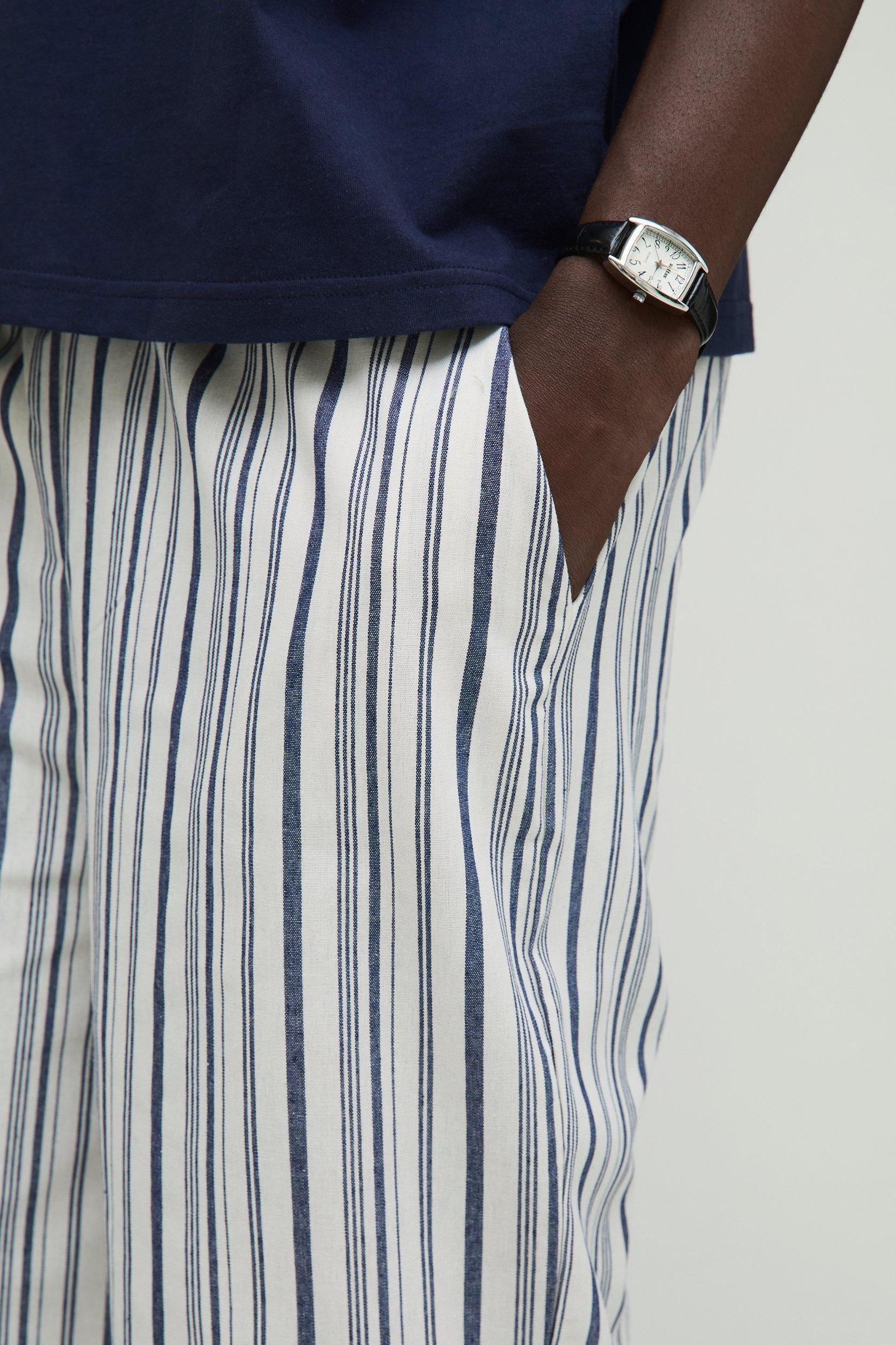 Elasticated Waist Relaxed Stripe Linen Look Trousers | boohooMAN USA Product Image