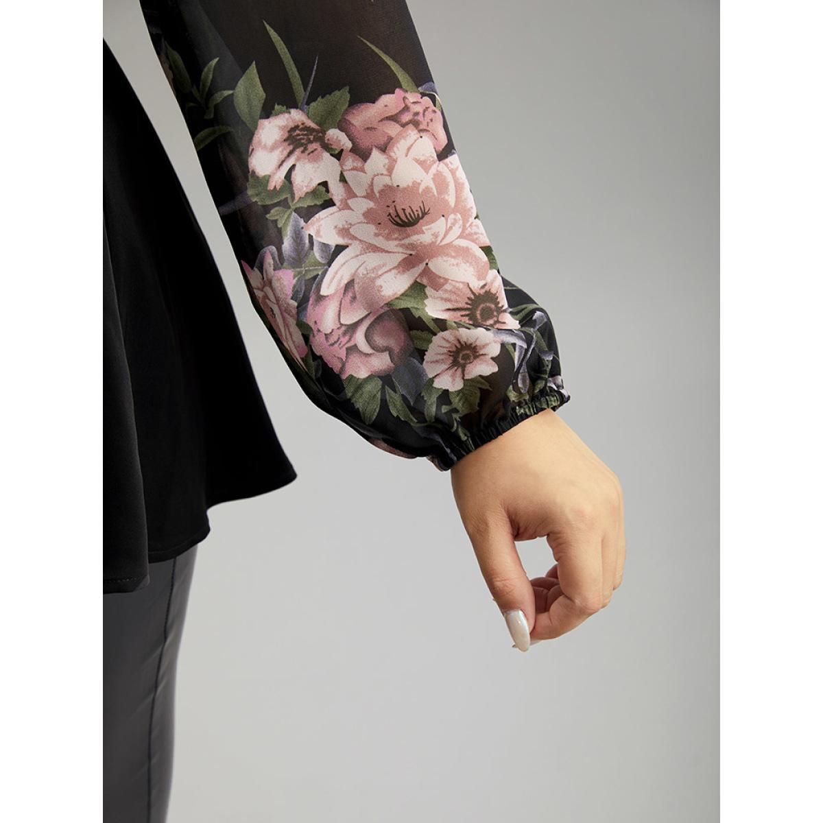 Plus Size Black Floral Print Patchwork Elastic Waist Lantern Sleeve Blouse Women Elegant Long Sleeve V-neck Going out Blouses BloomChic 14-16/1X Product Image