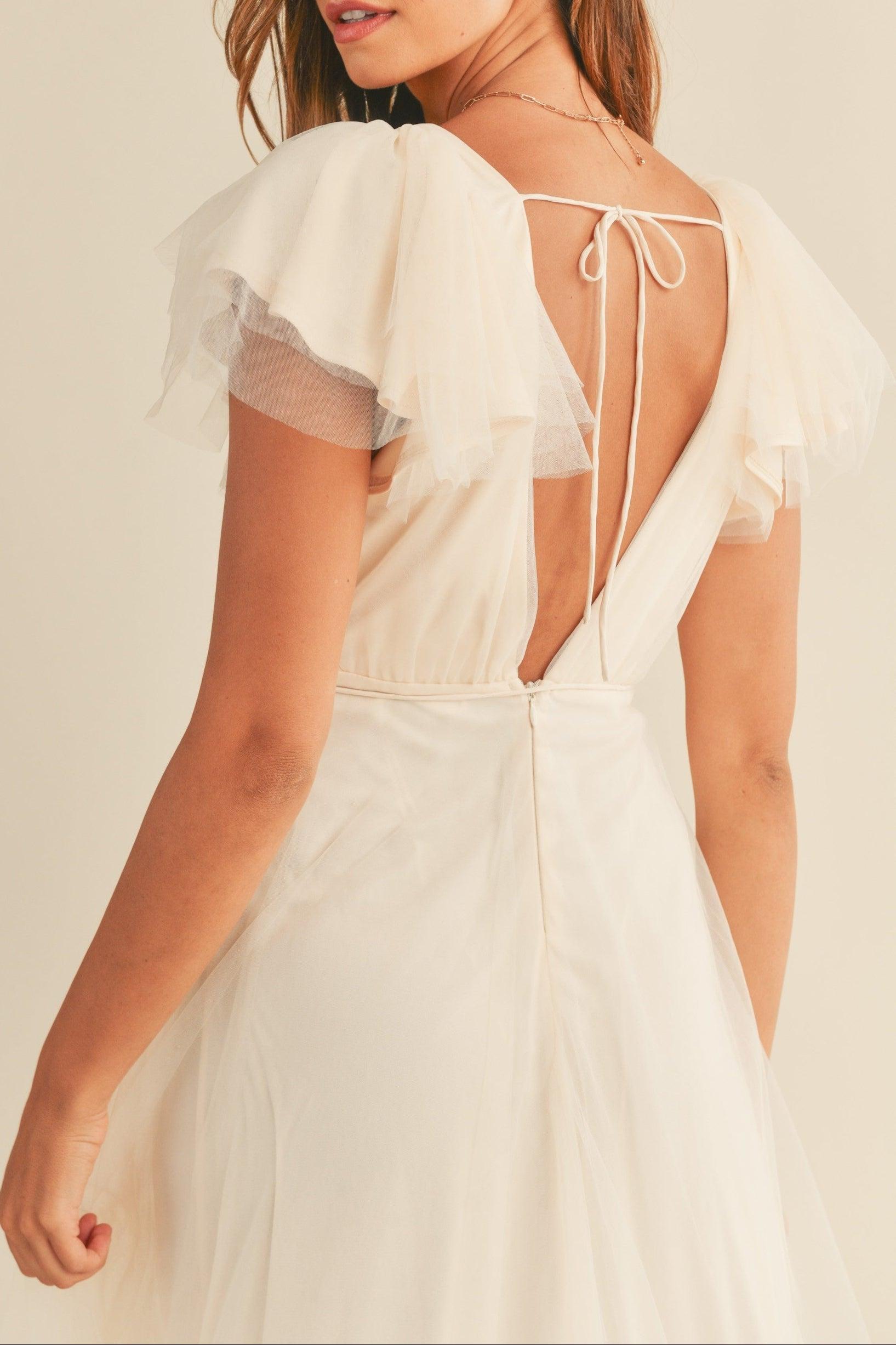 Tulle V neck Ruffle Sleeve Midi Dress Product Image