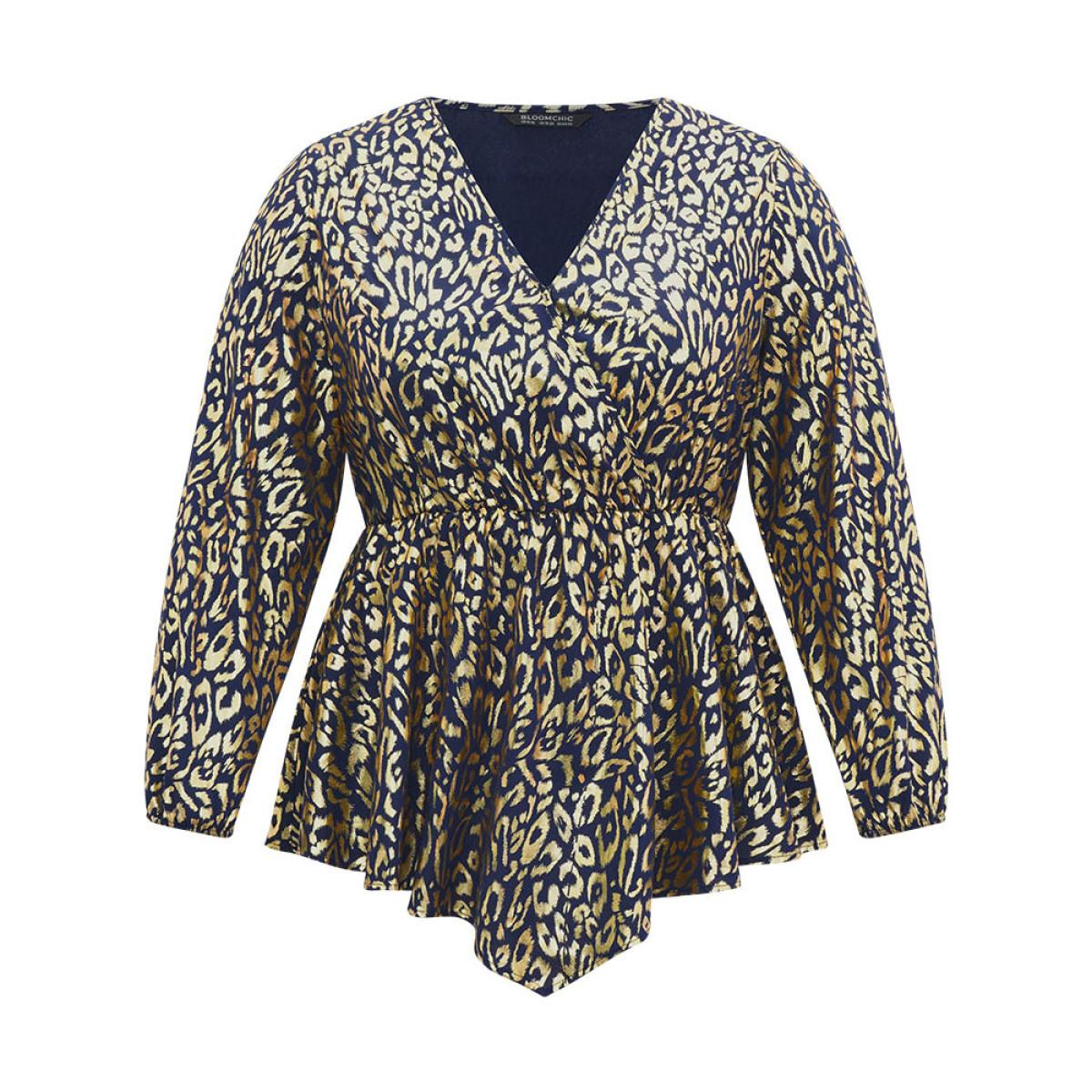 Plus Size Indigo Glitter Leopard Wrap Elastic Waist Lantern Sleeve Blouse Women Cocktail Long Sleeve Overlap Collar Party Blouses BloomChic 10/M Product Image