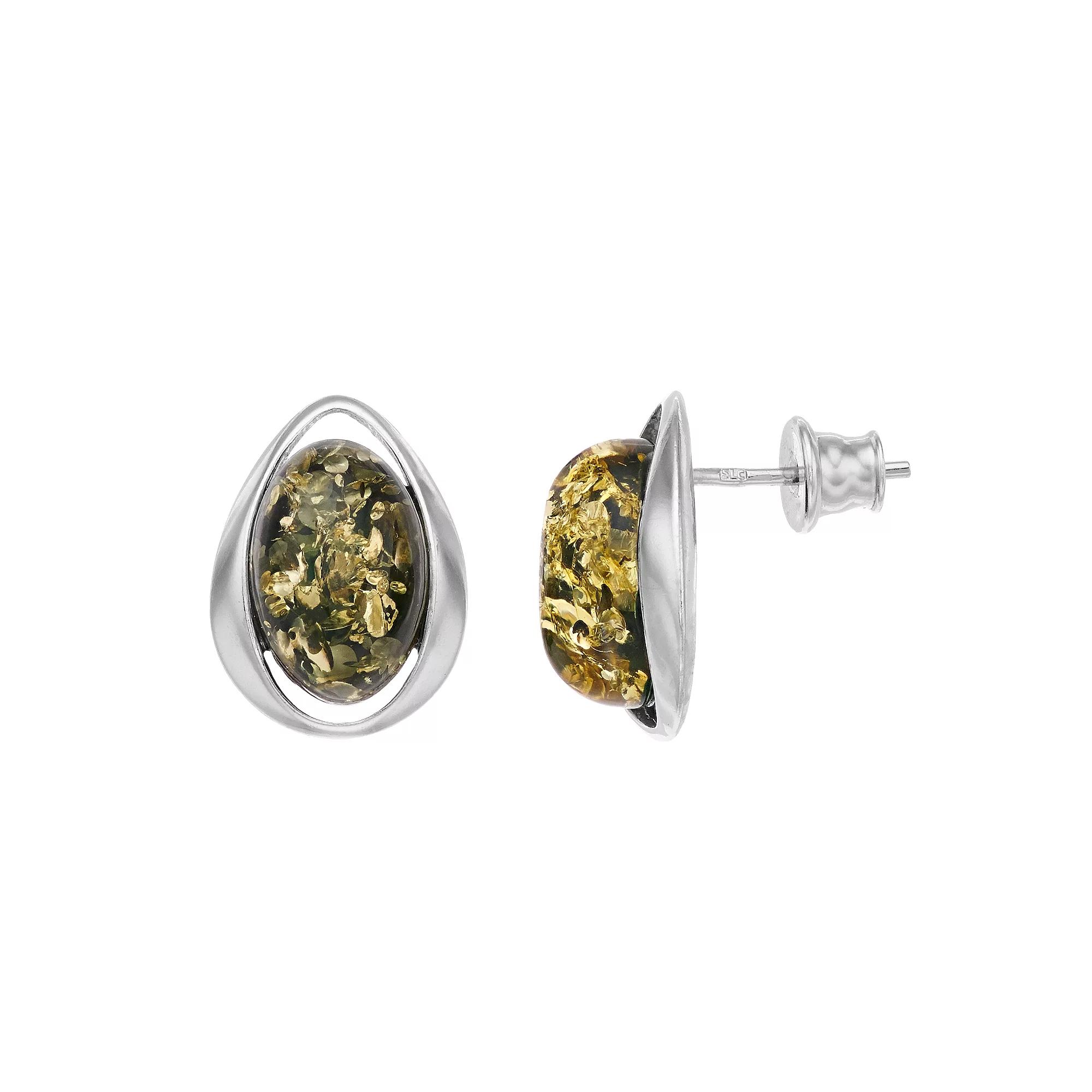 Sterling Silver Green Amber Oval Stud Earrings, Women's Product Image