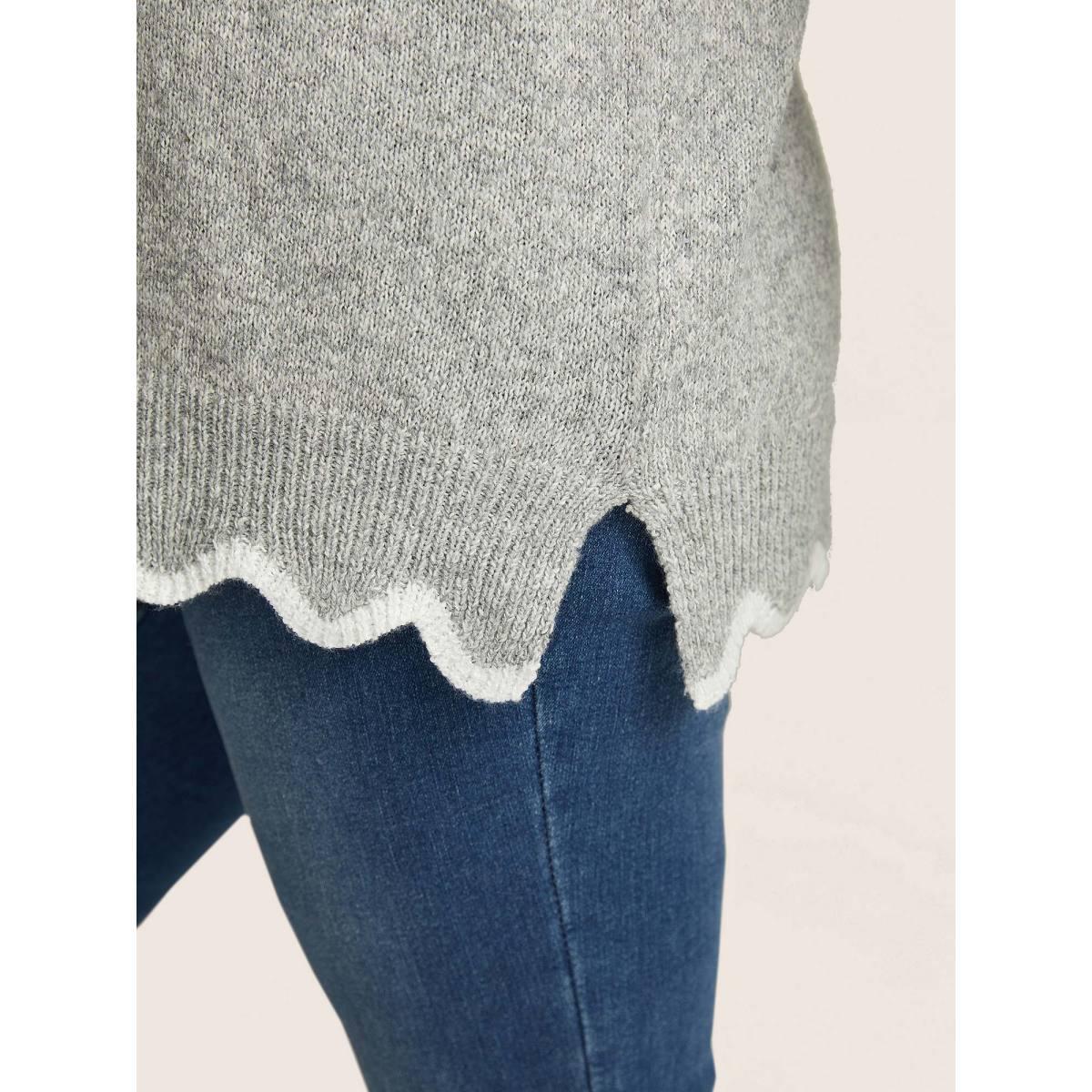 Plus Size Contrast Split Side Scalloped Trim Pullover Silver Women Casual Long Sleeve V-neck Everyday Pullovers BloomChic 30/6X Product Image