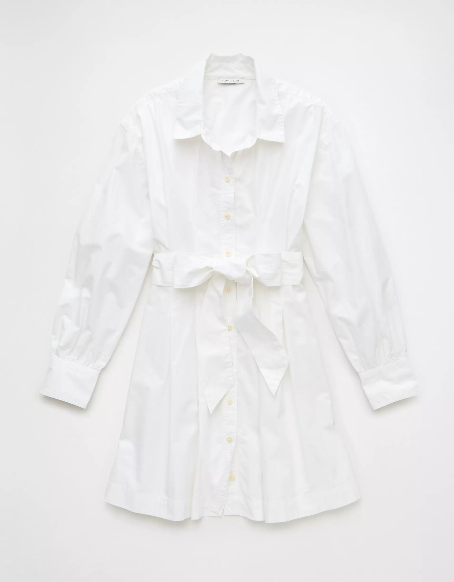 AE Long-Sleeve Pleated Mini Shirt Dress Product Image