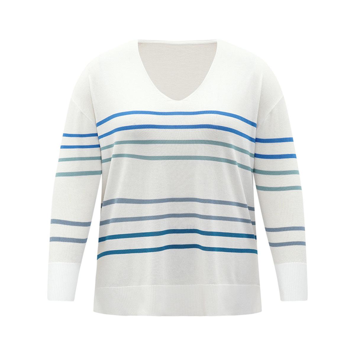 Plus Size Striped V Neck Split Hem Pullover White Women Casual Loose Long Sleeve V-neck Everyday Pullovers BloomChic 22-24/3X Product Image