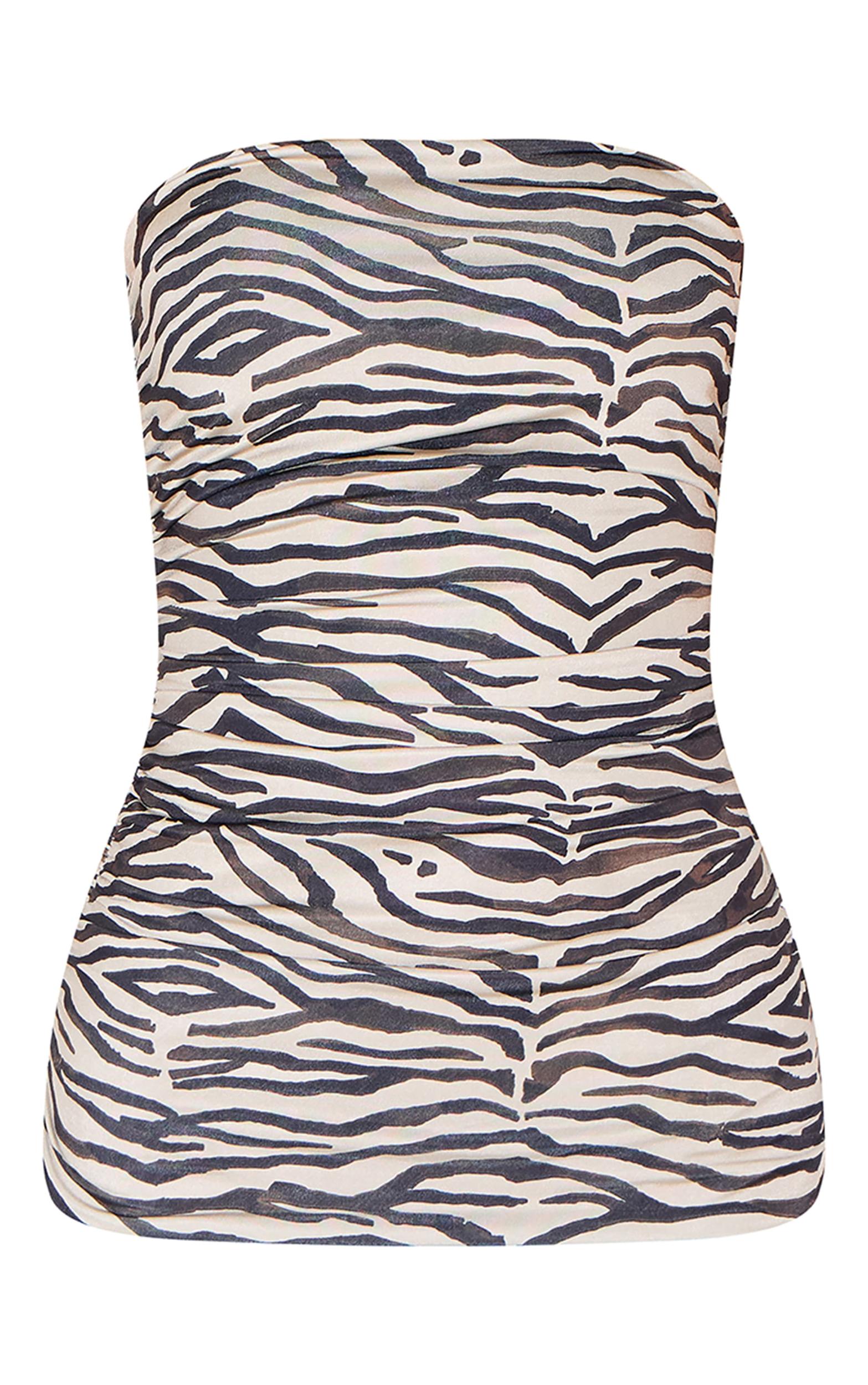 Black Zebra Print Double Layer Slinky Ruched Bandeau Longline Top Product Image