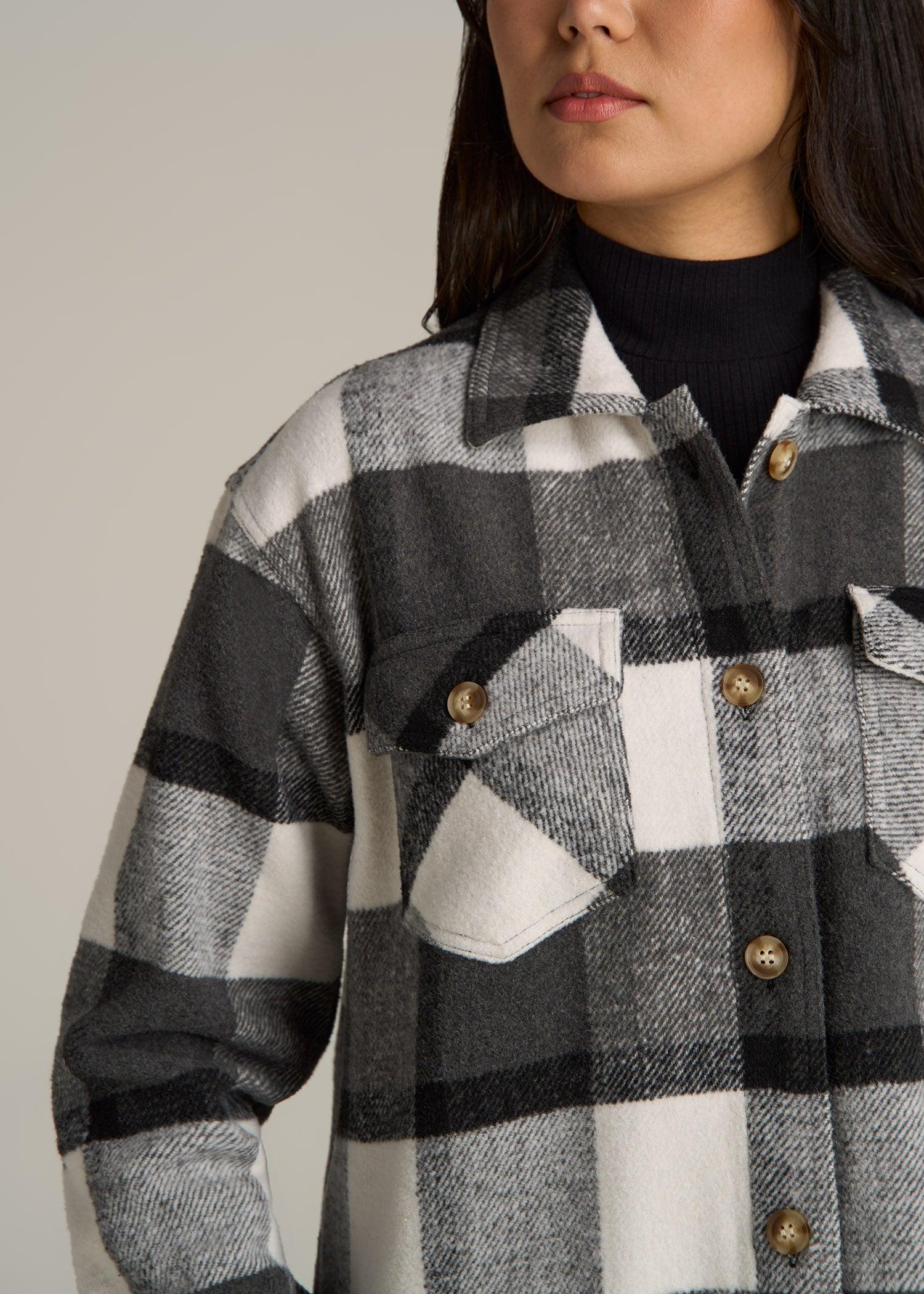 Flannel Shacket for Tall Women in Grey and Black Plaid Female Product Image
