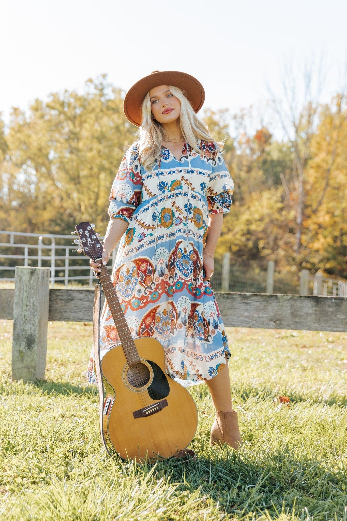 Blue Multi Border Print Midi Dress - FINAL SALE Female Product Image