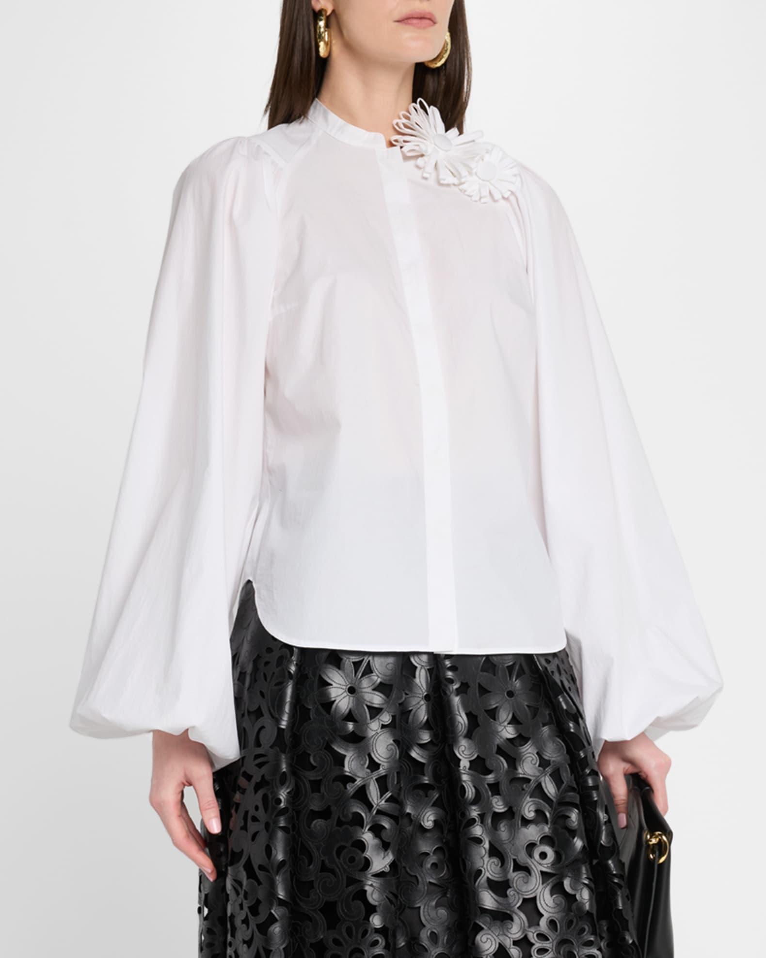 Flower Pin Balloon-Sleeve Cotton Blouse Product Image