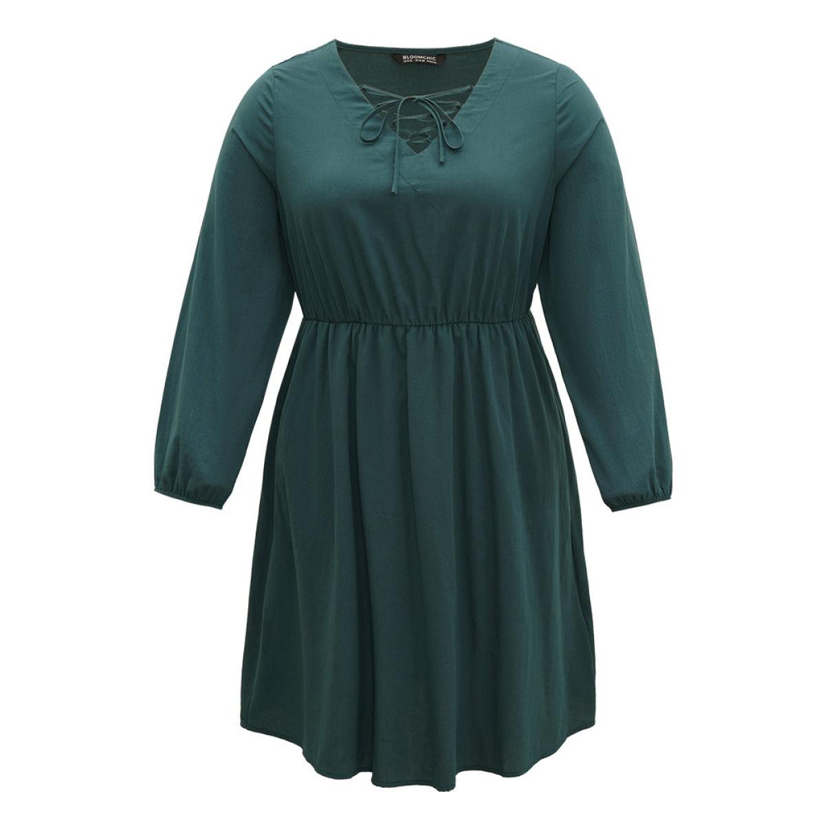 Plus Size Cotton Solid Lace Up Elastic Waist Dress DarkGreen Women Casual Elastic cuffs Tie Neck Long Sleeve Curvy Midi Dress BloomChic 18-20/2X Product Image