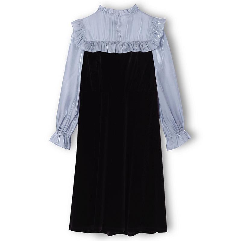 Ruffle Collar Velvet Patchwork Midi Collared Dress Product Image