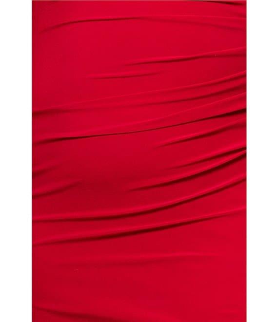 Xscape Plus Size Asymmetrical Ruffle Shoulder Long Sleeve Sheath Dress Product Image