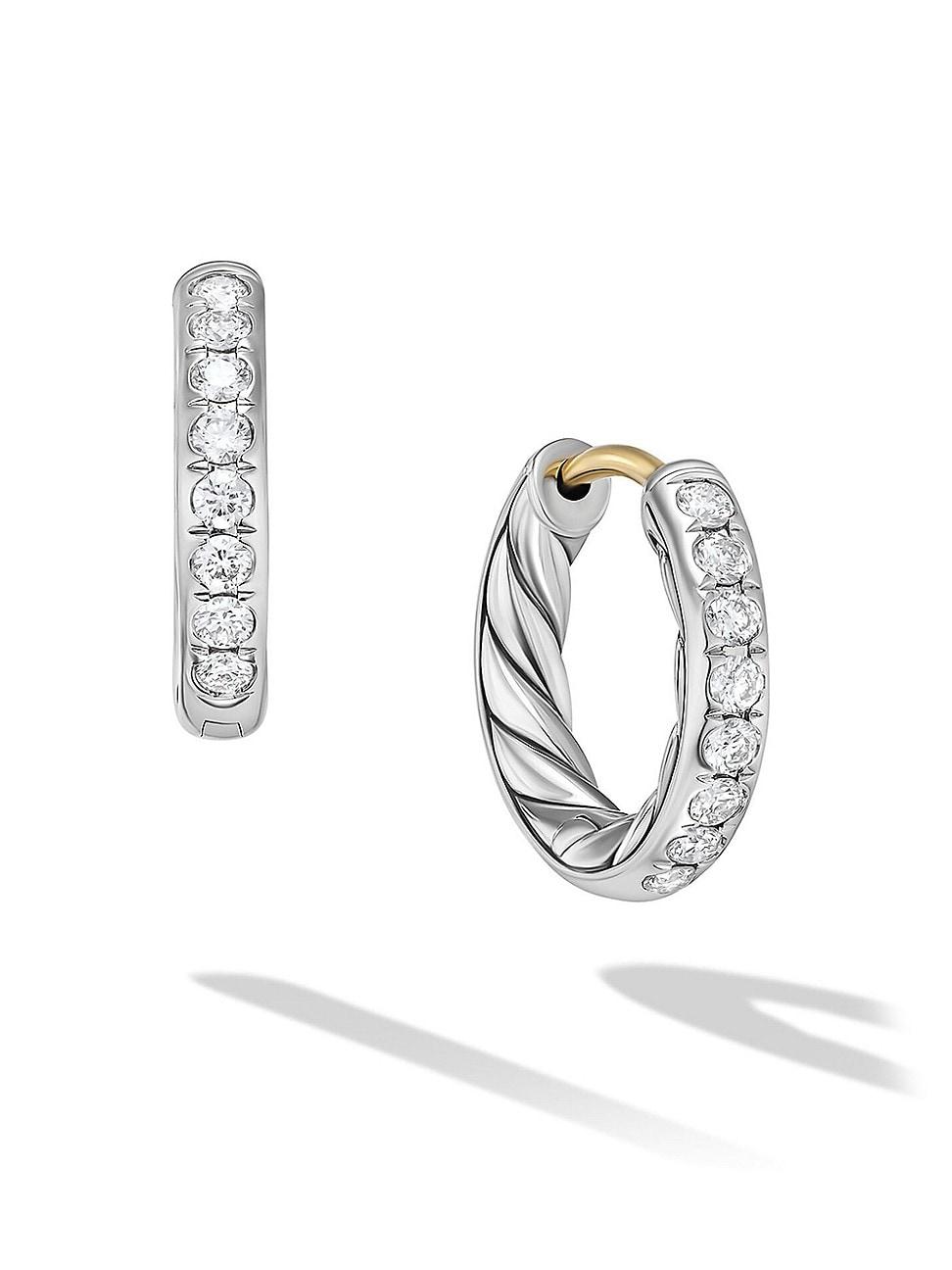 David Yurman Sculpted Cable Huggie Hoop Earrings in Sterling with Diamonds Product Image