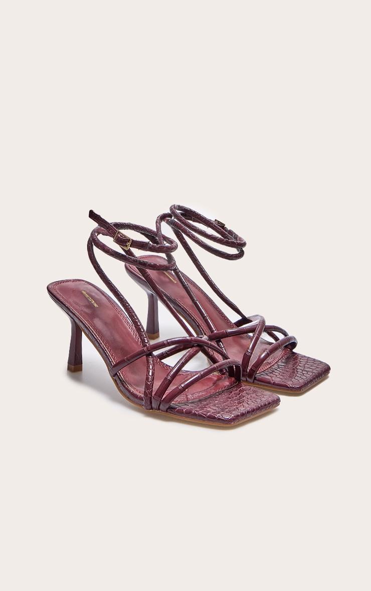 Burgundy Croc PU Square Toe Tube Strappy Mid Stiletto Heeled Sandals Product Image