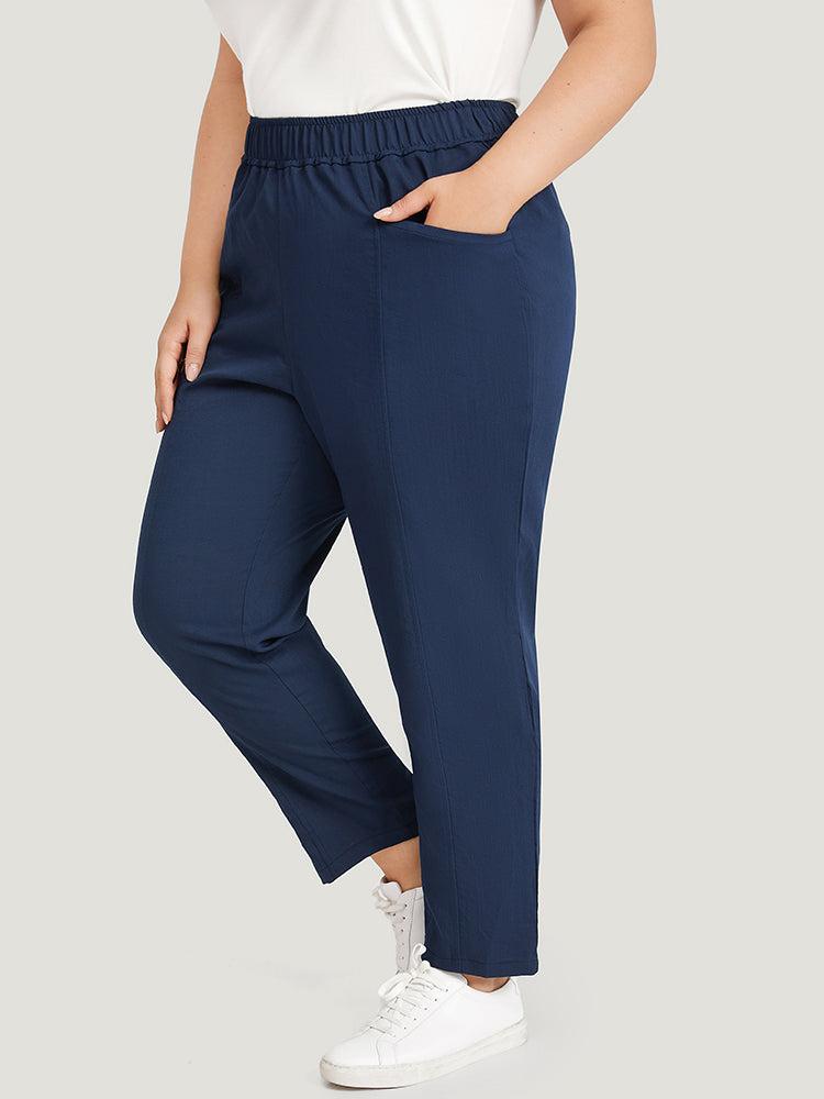 Solid Elastic Waist Pocket High Rise Pants Female Product Image