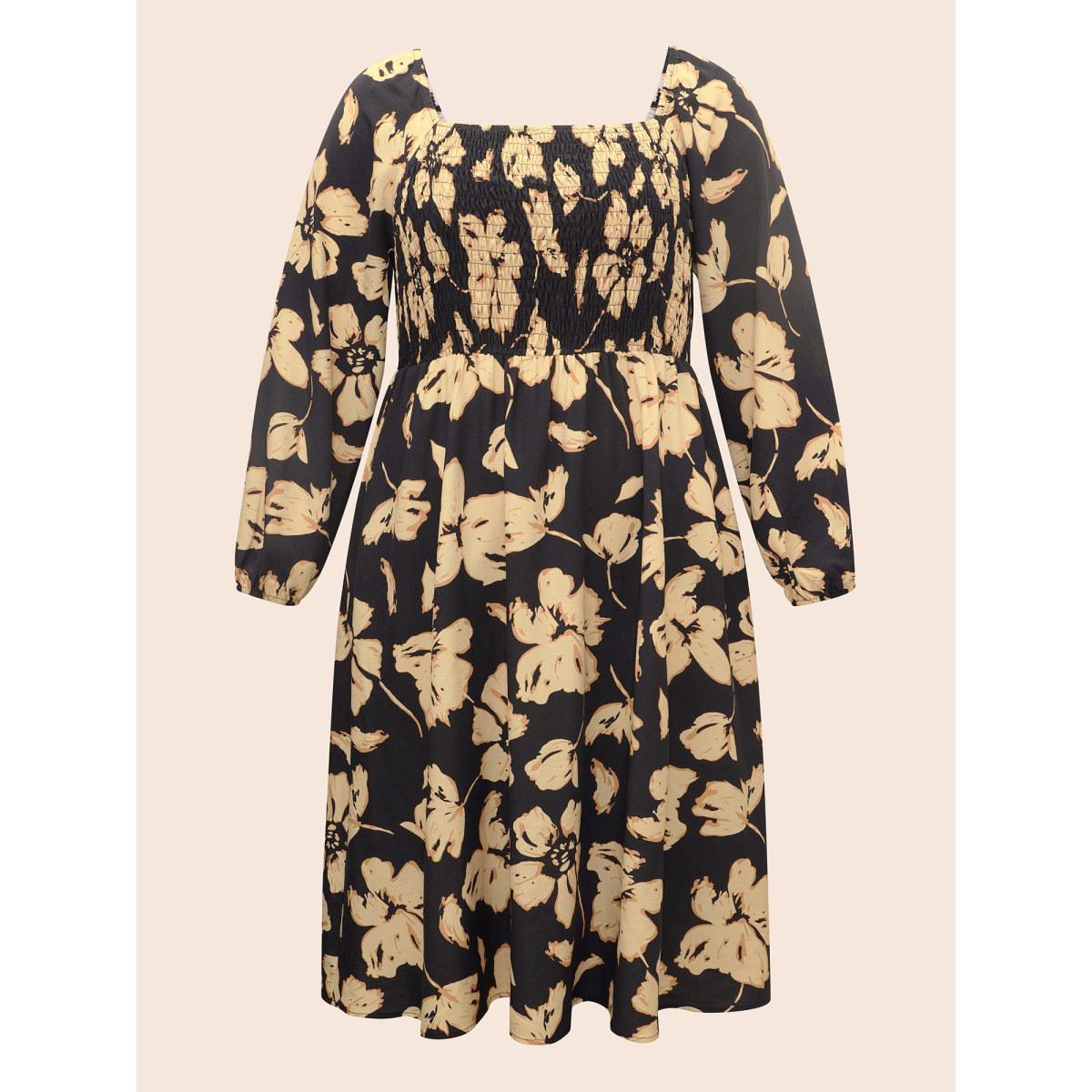 Plus Size Floral Square Neck Shirred Lantern Sleeve Dress Black Women Elegant Shirred Square Neck Long Sleeve Curvy BloomChic 30/6X Product Image
