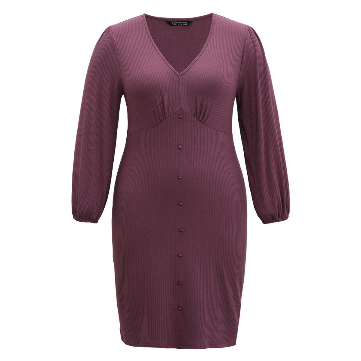 Plus Size Rib Knit Gathered Button Detail Lantern Sleeve Dress Mauve Women Office Elastic cuffs V-neck Long Sleeve Curvy Knee Dress BloomChic 30/6X Product Image