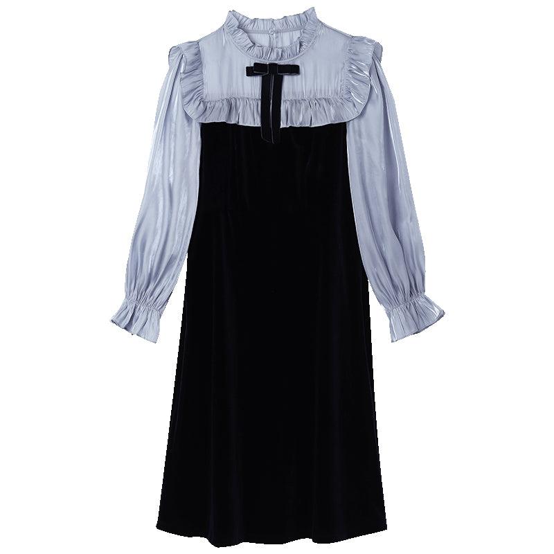 Ruffle Collar Velvet Patchwork Midi Collared Dress Product Image