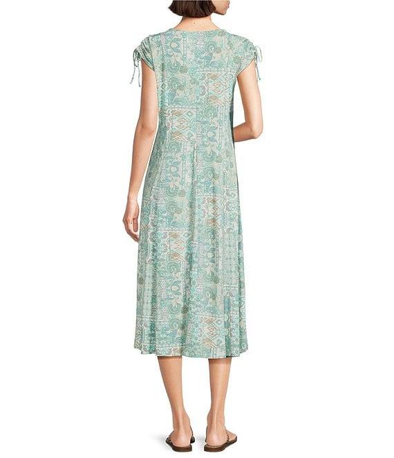 Multiples Slub Knit Printed Scoop Neck Cap Sleeve Multi Panel Fit & Flare Midi Dress Product Image