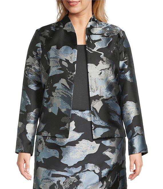 Ming Wang Plus Woven Floral Print Mandarin Collar Long Sleeve Open Front Jacket Product Image