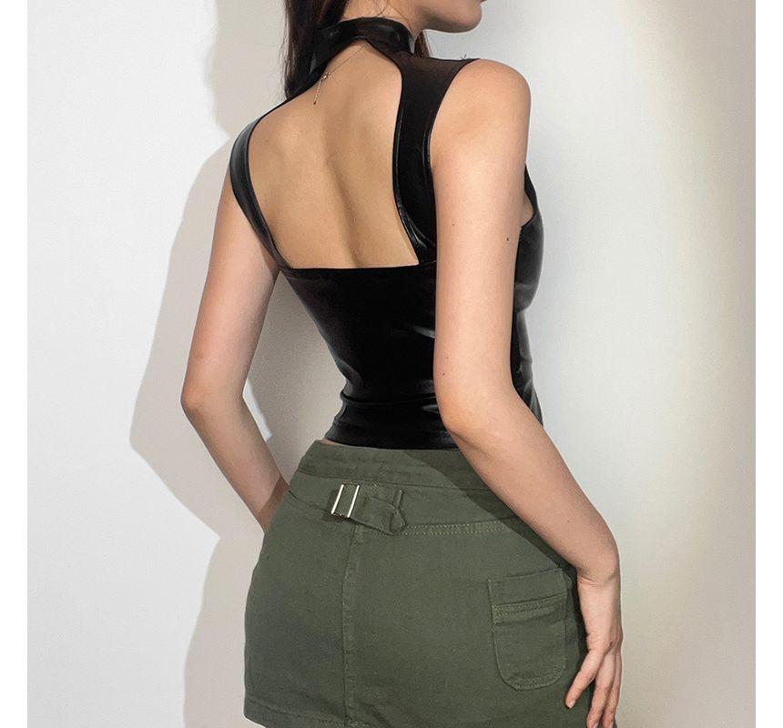 Stand Collar Plain Faux Leather Zip Vest Product Image