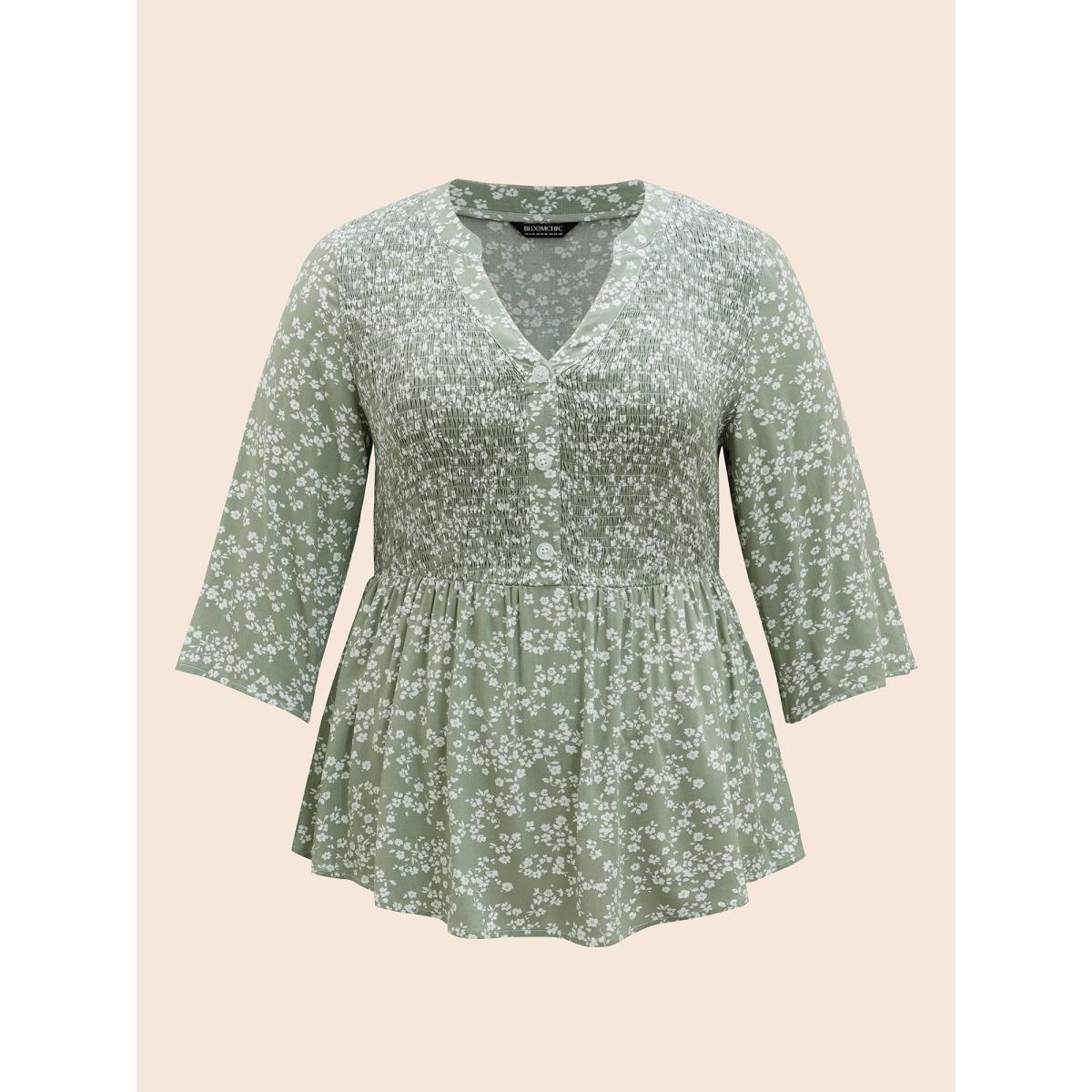 Plus Size Greenbean Ditsy Floral Pleated Button Detail Blouse Women Elegant Elbow-length sleeve Flat collar with V-notch Everyday Blouses BloomChic 30/6X Product Image