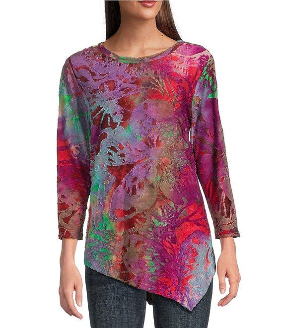 Calessa Petite Size Burnout Tie-Dye Crew Neck Bracelet Sleeve Asymmetric Hem Tunic Product Image